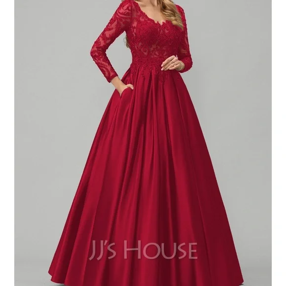 BallGown Vneck FloorLength Satin Prom Dresses With Lace beading 